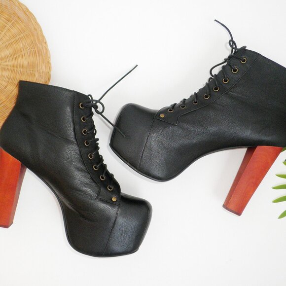 Jeffrey Campbell LITA Platform Heeled Lace-Up Bootie Black Wood Heels 11M Drag - Picture 13 of 15